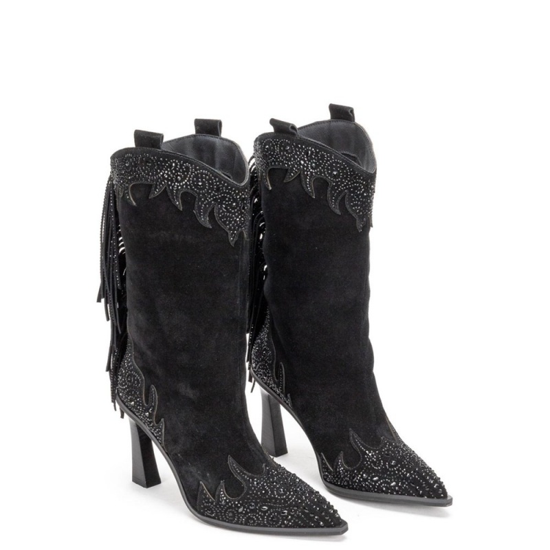 Bottes à Talons Alma En Pena Funnel With Fringes Blanche Noir Femme | KPJ-76614499